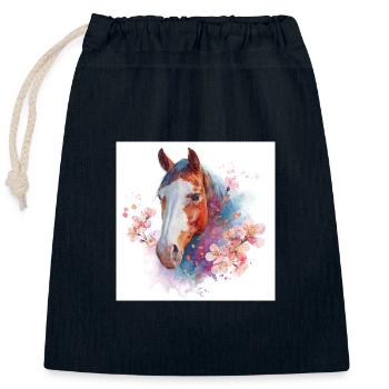 Watercolor Horse with Cherry Blossoms - Closable cotton gift bag (25x30cm) - navy - Front