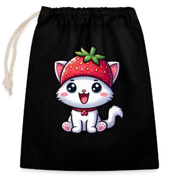 Chat fantaisiste avec fraise et chapeau aux fruits sucrés - Sac cadeau en coton avec cordon (25 x 30 cm) - noir - Devant