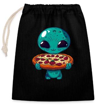Alien Pizza Genuss: Außerirdischer Fast Food Fan - Verschließbarer Geschenkbeutel aus Baumwolle (25x30cm) - Schwarz - Vorne