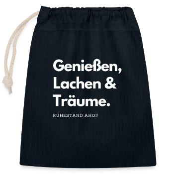 Ruhestand Ahoi! Geniessen, Lachen & Träume - Verschließbarer Geschenkbeutel aus Baumwolle (25x30cm) - Navy - Vorne
