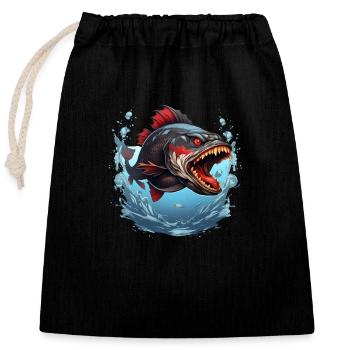 Piranha Fisch für Angler - Verschließbarer Geschenkbeutel aus Baumwolle (25x30cm) - Schwarz - Vorne