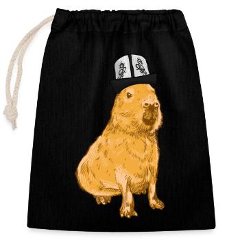 Capybara with funny hat - Closable cotton gift bag (25x30cm) - black - Front