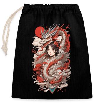 Drachen Anime Girl Retro Ukiyo-e Style - Verschließbarer Geschenkbeutel aus Baumwolle (25x30cm) - Schwarz - Vorne
