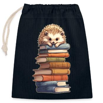 Hedgehog on stack of books - Closable cotton gift bag (25x30cm) - navy - Front