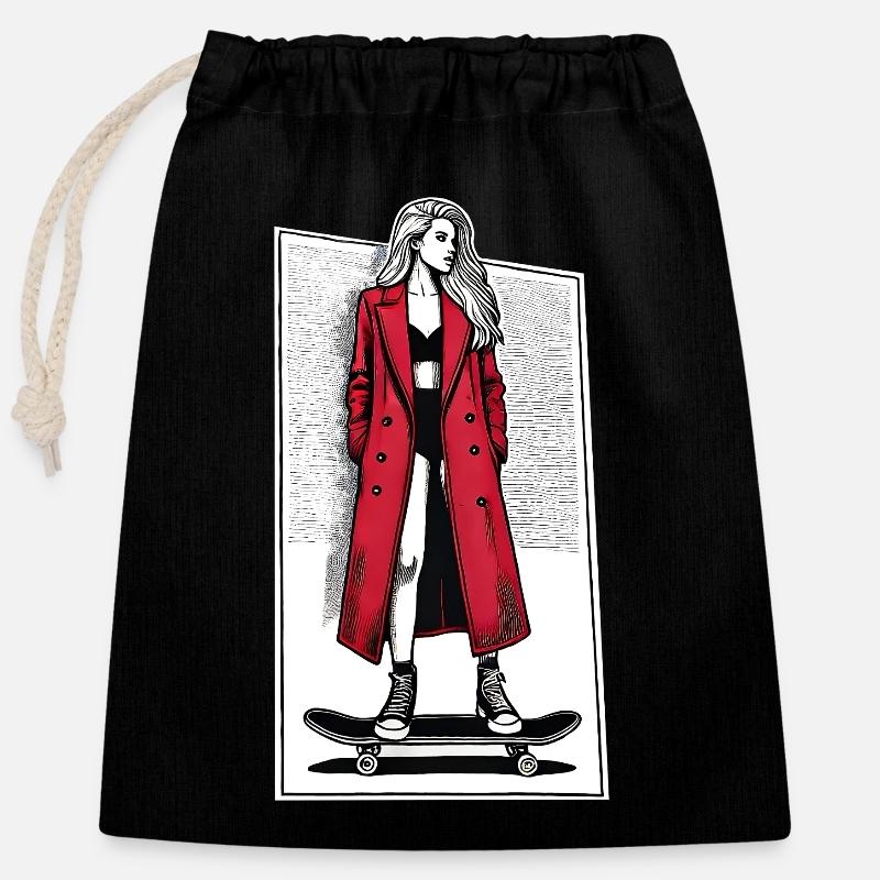 Mädchen auf Skateboard - Verschließbarer Geschenkbeutel aus Baumwolle (25x30cm) - Schwarz