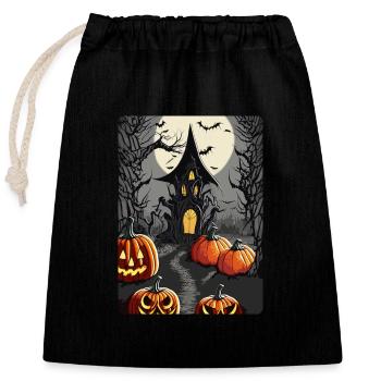 Scary Castle with Bats and Halloween Pumpkins - Closable cotton gift bag (25x30cm) - black - Front