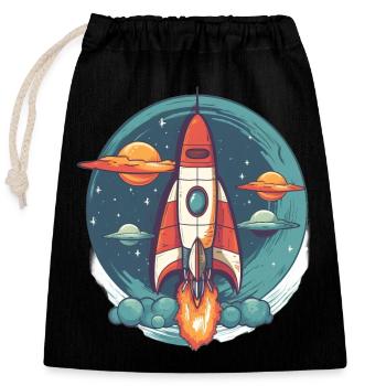 Whimsy Rocket: Galaktisches Abenteuer! - Verschließbarer Geschenkbeutel aus Baumwolle (25x30cm) - Schwarz - Vorne