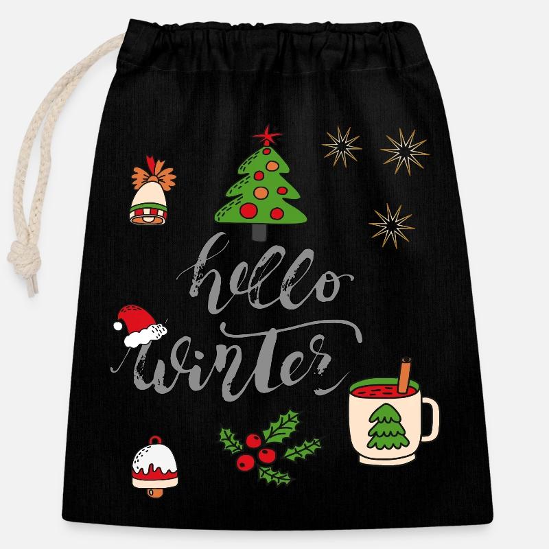 Hello Winter, Christmas Time - Closable cotton gift bag (25x30cm) - black