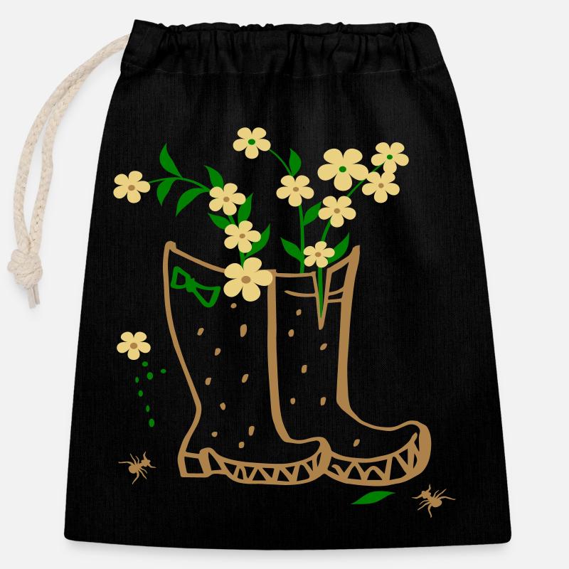 Garten mit Blumen und Stiefel - Verschließbarer Geschenkbeutel aus Baumwolle (25x30cm) - Schwarz