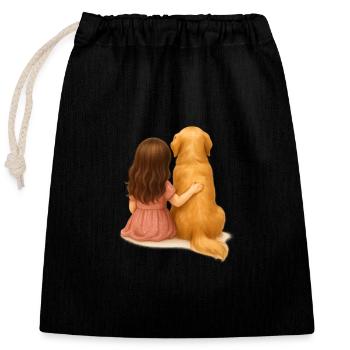 Little Girl with Golden Retriever – Watercolor - Closable cotton gift bag (25x30cm) - black - Front