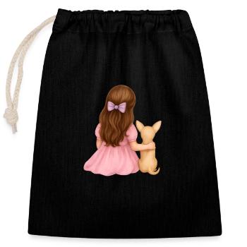 Petite fille brune avec chihuah - Sac cadeau en coton avec cordon (25 x 30 cm) - noir - Devant