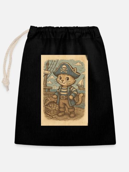 Pirate cat / Piratenkatze - Verschließbarer Geschenkbeutel aus Baumwolle (25x30cm) - Schwarz