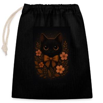 Black cat wit flowers - Closable cotton gift bag (25x30cm) - black - Front