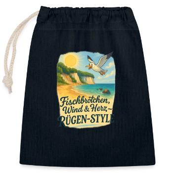 Fischbrötchen, Wind & Herz – Rügen-Style - Verschließbarer Geschenkbeutel aus Baumwolle (25x30cm) - Navy - Vorne