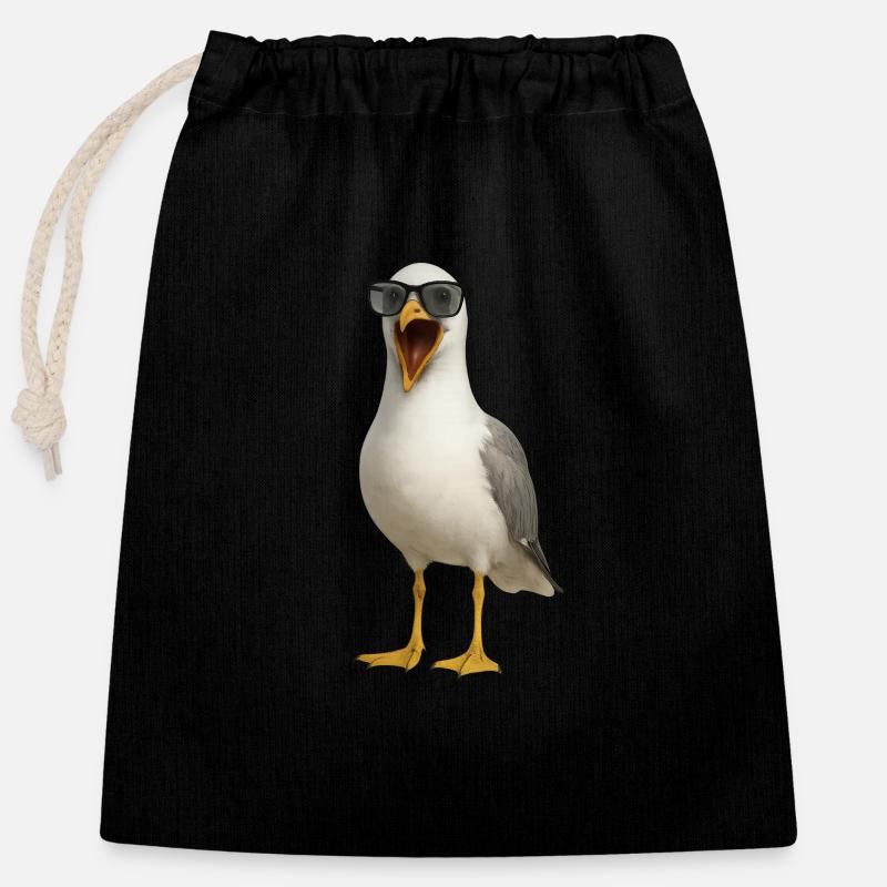 Screaming Seagull with Sunglasses - Closable cotton gift bag (25x30cm) - black