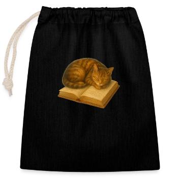 Schlafende Katze auf Buch - Verschließbarer Geschenkbeutel aus Baumwolle (25x30cm) - Schwarz - Vorne