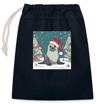 Phoque Noël - Sac cadeau en coton avec cordon (25 x 30 cm) - bleu marine - Devant