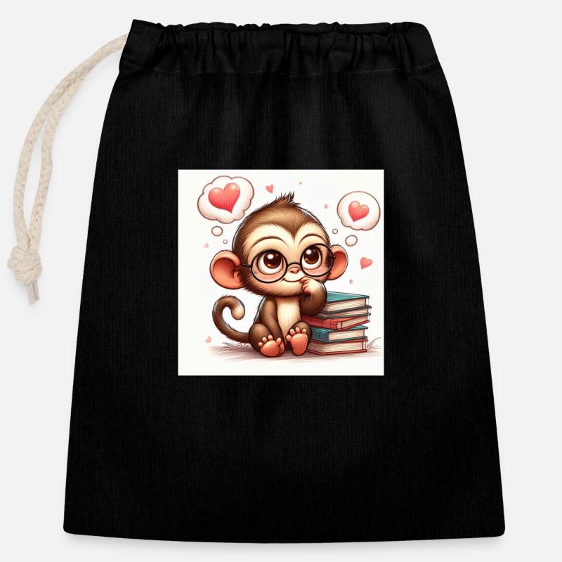 Monkey with book - Closable cotton gift bag (25x30cm) - black