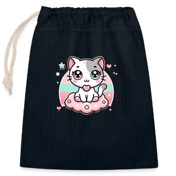 Chat de style kawaii - Sac cadeau en coton avec cordon (25 x 30 cm) - bleu marine - Devant
