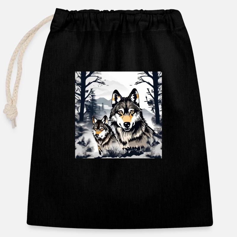 Wolf 1 - Verschließbarer Geschenkbeutel aus Baumwolle (25x30cm) - Schwarz