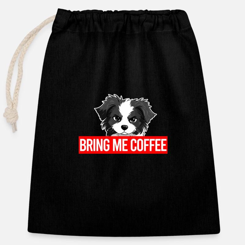 Angry Collie - Bring me coffee - Verschließbarer Geschenkbeutel aus Baumwolle (25x30cm) - Schwarz