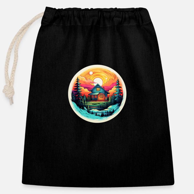 Forest Cabin at Sunset - Tiny House - Closable cotton gift bag (25x30cm) - black