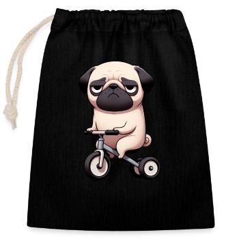 Funny Pug on Tricycle Bizarre Dog Running - Closable cotton gift bag (25x30cm) - black - Front