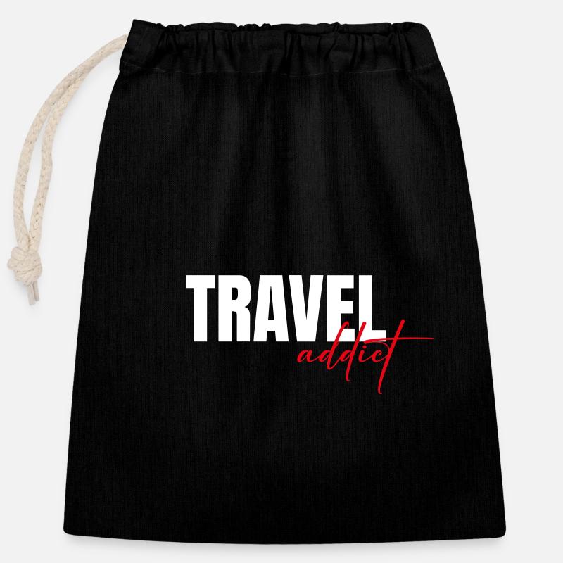 Accro au voyage - Sac cadeau en coton avec cordon (25 x 30 cm) - noir