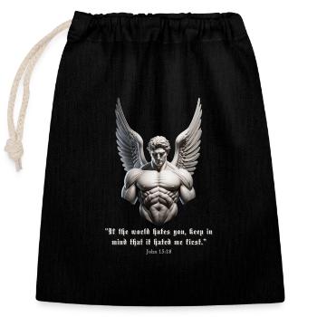 John 15:18 Engel – Bibelvers Gym Motivation - Verschließbarer Geschenkbeutel aus Baumwolle (25x30cm) - Schwarz - Vorne