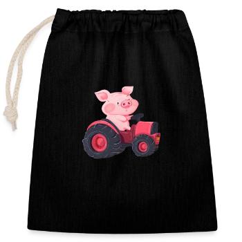 Pig at the wheel: Farm adventure - Closable cotton gift bag (25x30cm) - black - Front