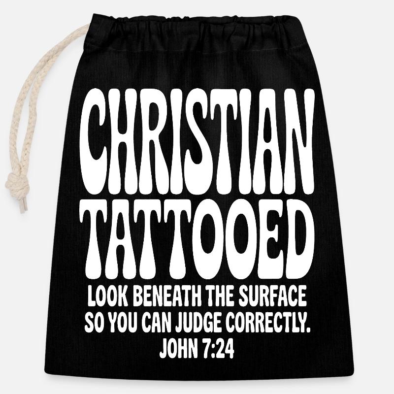 Typographie Tatouée Chrétienne en Gras - Sac cadeau en coton avec cordon (25 x 30 cm) - noir