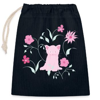 A cute cat with flowers and plants. - Closable cotton gift bag (25x30cm) - navy - Front