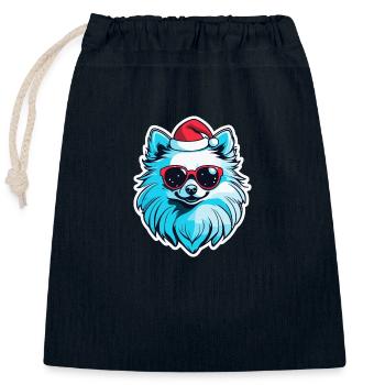 Illustration de Noël poméranien - Sac cadeau en coton avec cordon (25 x 30 cm) - bleu marine - Devant