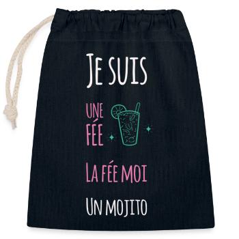 Je suis une fée, la fée moi un mojito - Sac cadeau en coton avec cordon (25 x 30 cm) - bleu marine - Devant