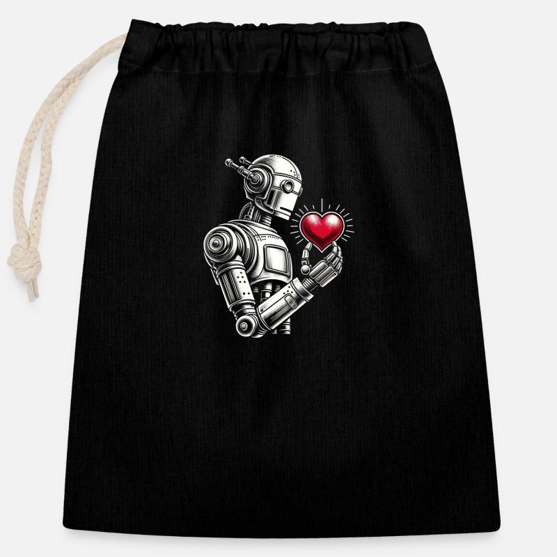 Roboter mit Herz - Verschließbarer Geschenkbeutel aus Baumwolle (25x30cm) - Schwarz