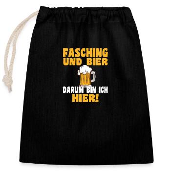 Fasching und Bier, darum bin ich hier! - Verschließbarer Geschenkbeutel aus Baumwolle (25x30cm) - Schwarz - Vorne