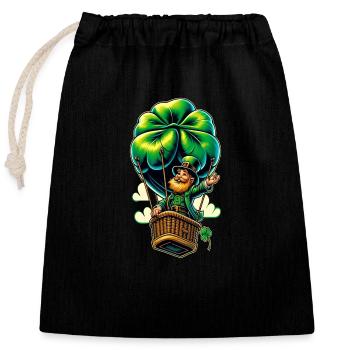 Ballonfahrender Leprechaun (Irischer Kobold) - Verschließbarer Geschenkbeutel aus Baumwolle (25x30cm) - Schwarz - Vorne