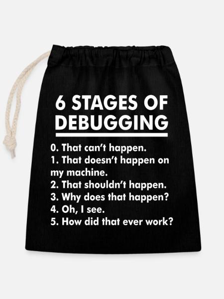 Humorvolle Illustration der Debugging-Phasen - Verschließbarer Geschenkbeutel aus Baumwolle (25x30cm) - Schwarz