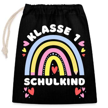 Klasse 1 - Schulkind - mit Namen personalisierbar - Verschließbarer Geschenkbeutel aus Baumwolle (25x30cm) - Schwarz - Vorne