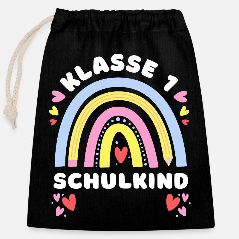Klasse 1 - Schulkind - mit Namen personalisierbar - Verschließbarer Geschenkbeutel aus Baumwolle (25x30cm) - Schwarz
