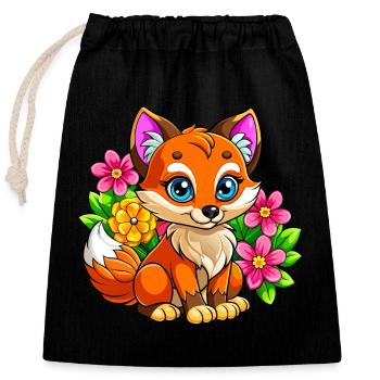 Flower-loving fox - Closable cotton gift bag (25x30cm) - black - Front