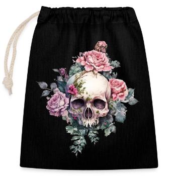 Crâne avec des roses - Sac cadeau en coton avec cordon (25 x 30 cm) - noir - Devant