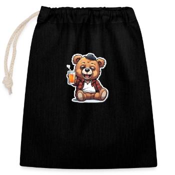Lässiger Teddy mit Bier - Verschließbarer Geschenkbeutel aus Baumwolle (25x30cm) - Schwarz - Vorne