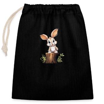 Cute bunny sitting on a tree trunk and smiling - Closable cotton gift bag (25x30cm) - black - Front
