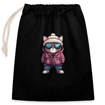 Chat d’hiver - Sac cadeau en coton avec cordon (25 x 30 cm) - noir - Devant