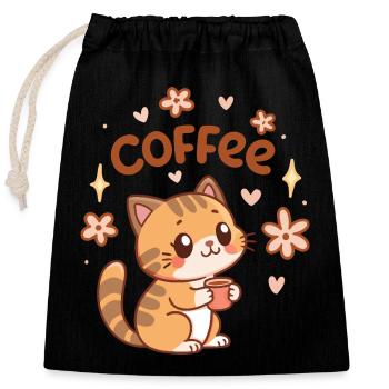 Chat café mignon et fleurs - Sac cadeau en coton avec cordon (25 x 30 cm) - noir - Devant