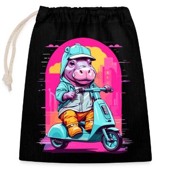 Hippopotamus on Scooter - Closable cotton gift bag (25x30cm) - black - Front