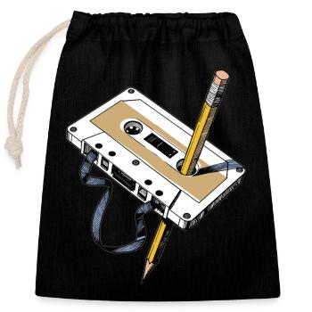Retro Kassette mit Bleistift 80er Bandsalat analog - Verschließbarer Geschenkbeutel aus Baumwolle (25x30cm) - Schwarz - Vorne