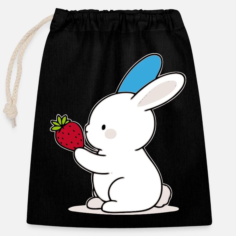 Blau-Ohr-Hase; Häschen mit Erdbeere - Verschließbarer Geschenkbeutel aus Baumwolle (25x30cm) - Schwarz