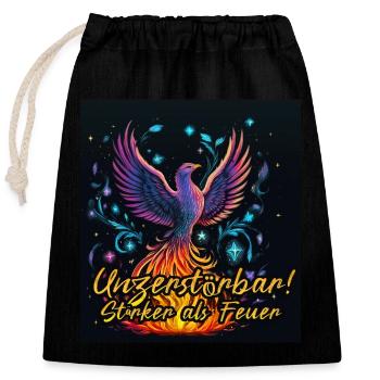 Phönix Unzerstörbar! Stärker als Feuer | Mutmacher - Verschließbarer Geschenkbeutel aus Baumwolle (25x30cm) - Schwarz - Vorne